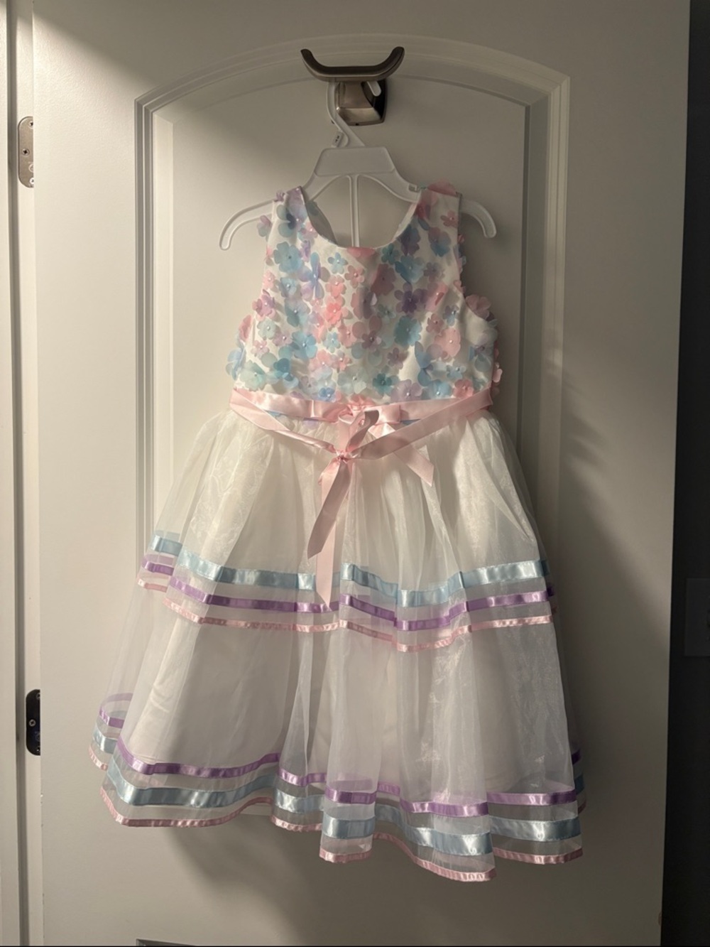 Rare Editions Pastel Floral Tulle Dress with Pink Sash